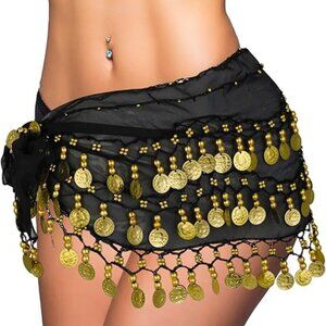 Black velvet gold coin belly dancer hip scarf Shakira
